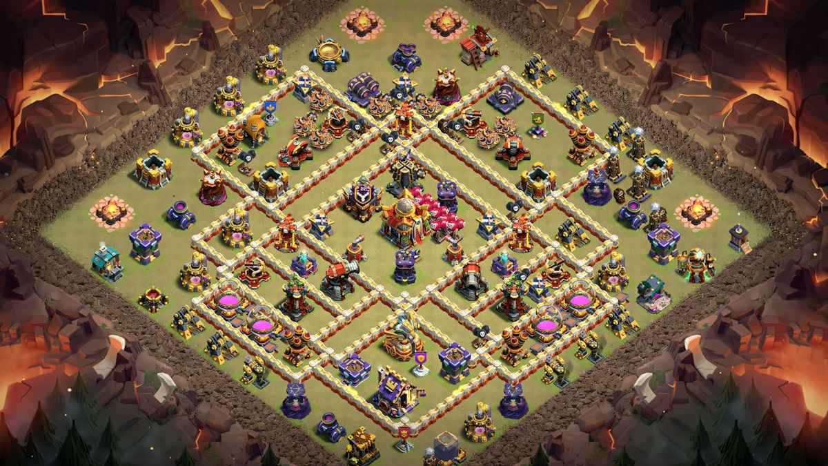 TH16 Anti Blimp Base with Invisibility Towers hiding defenses and compartmentalized anti chain damage