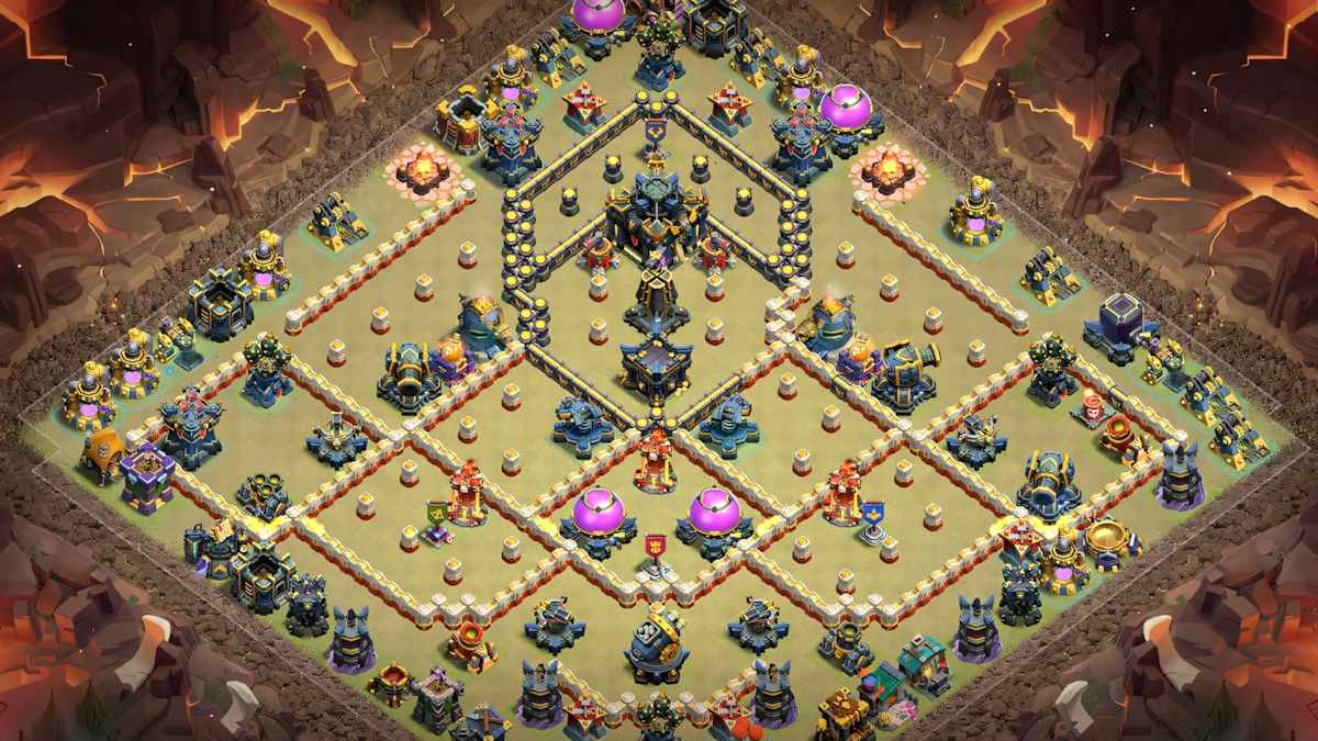 TH17 esports base layout with anti-zapquake compartments and strategic defense placements in CoC