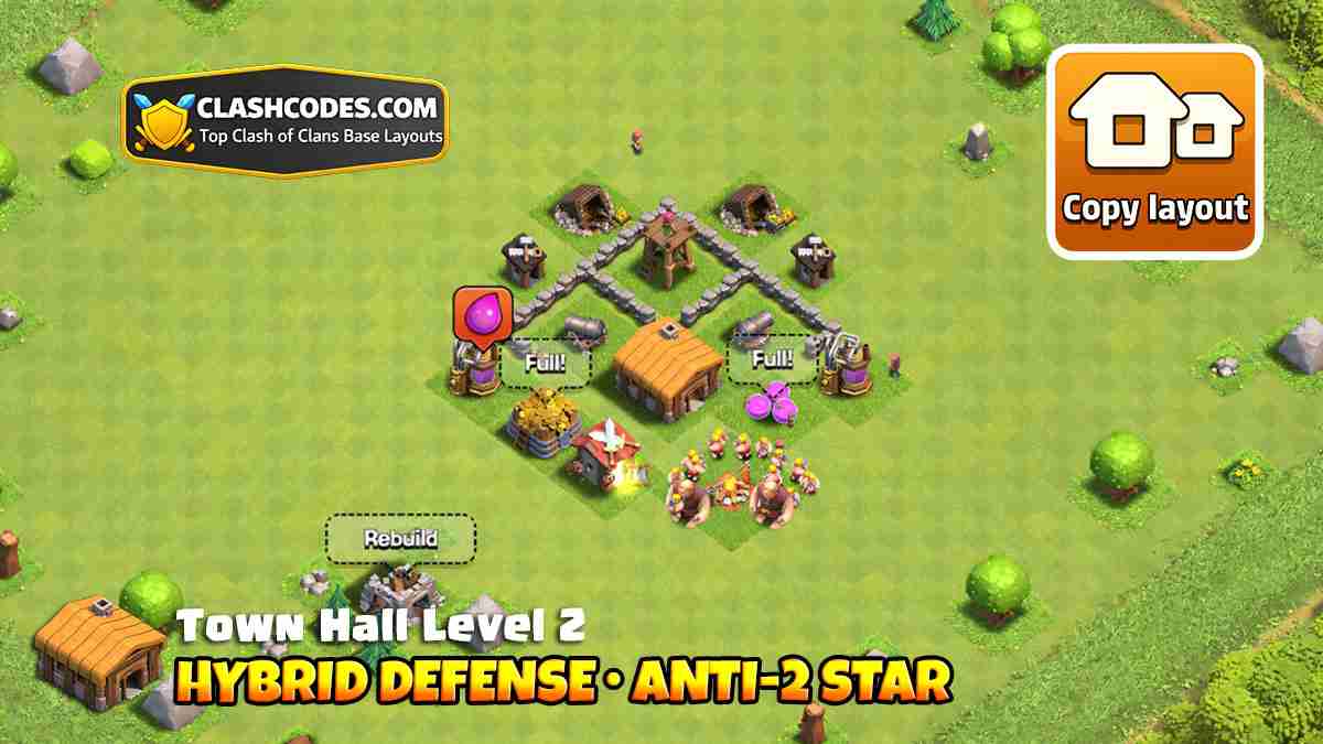 Hybrid base for TH2 with Archer Towers and Cannons covered by walls